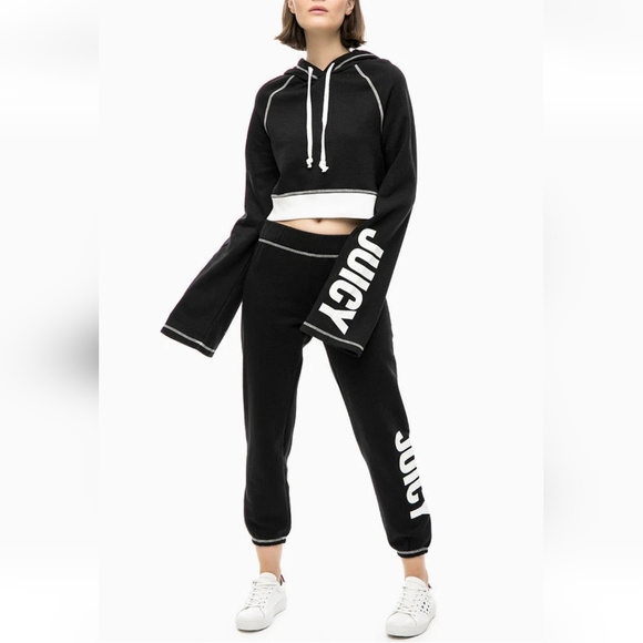 Juicy Couture Fleece Track Bell Sleeve Cropped Pullover Women's M Black Boho 90s - Picture 2 of 11